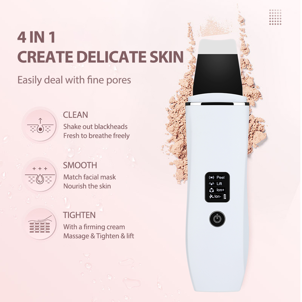 Ultrasonic Skin Scrubber Blackhead Remover Facial Cleanser 4 Modes Peeling Shovel Face Lifting Tool Ems Spatula Deep Cleansing