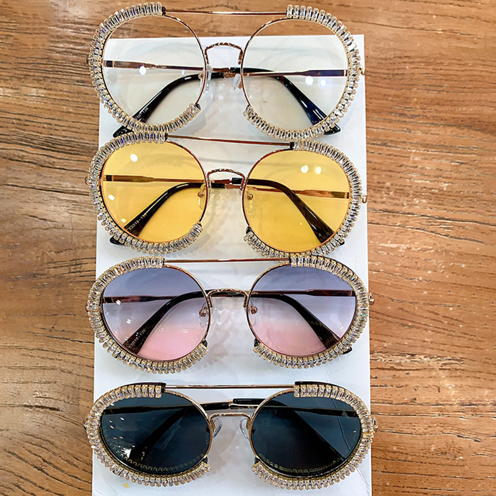 Zircon Oversized Sunglasses Luxury Round Sun Glasses Clear Lens Eyeglasses