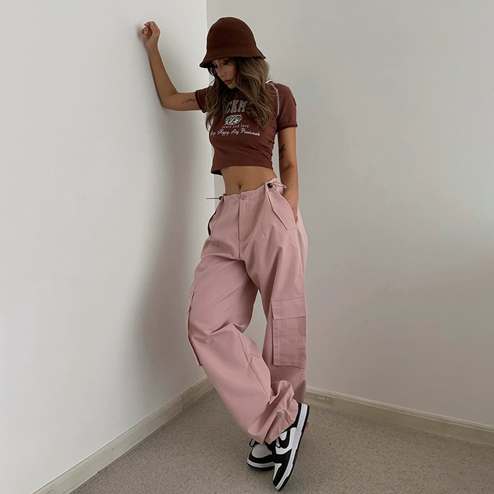Casual Retro Street Style Solid Big Pocket Pants Trousers