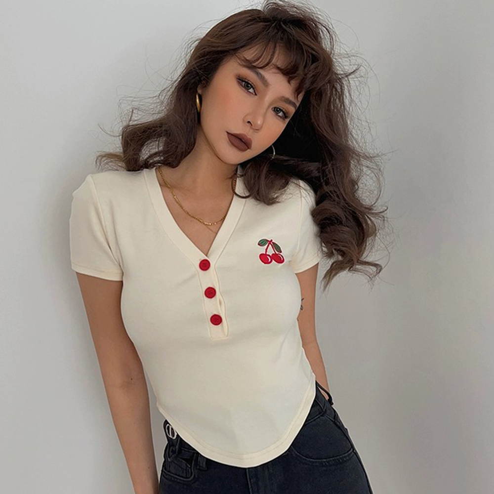 Retro Cherry Embroidery V-neck Short Sleeve Tight Crop Shirt Top Tee