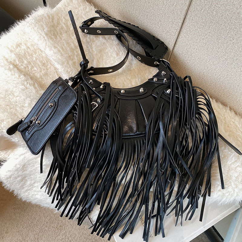 Women Bags Designer Luxury Rivets Handbags Tassel Motorcycle Bag Ladies Pu Leather Stylish Cross Body Shoulder Bag