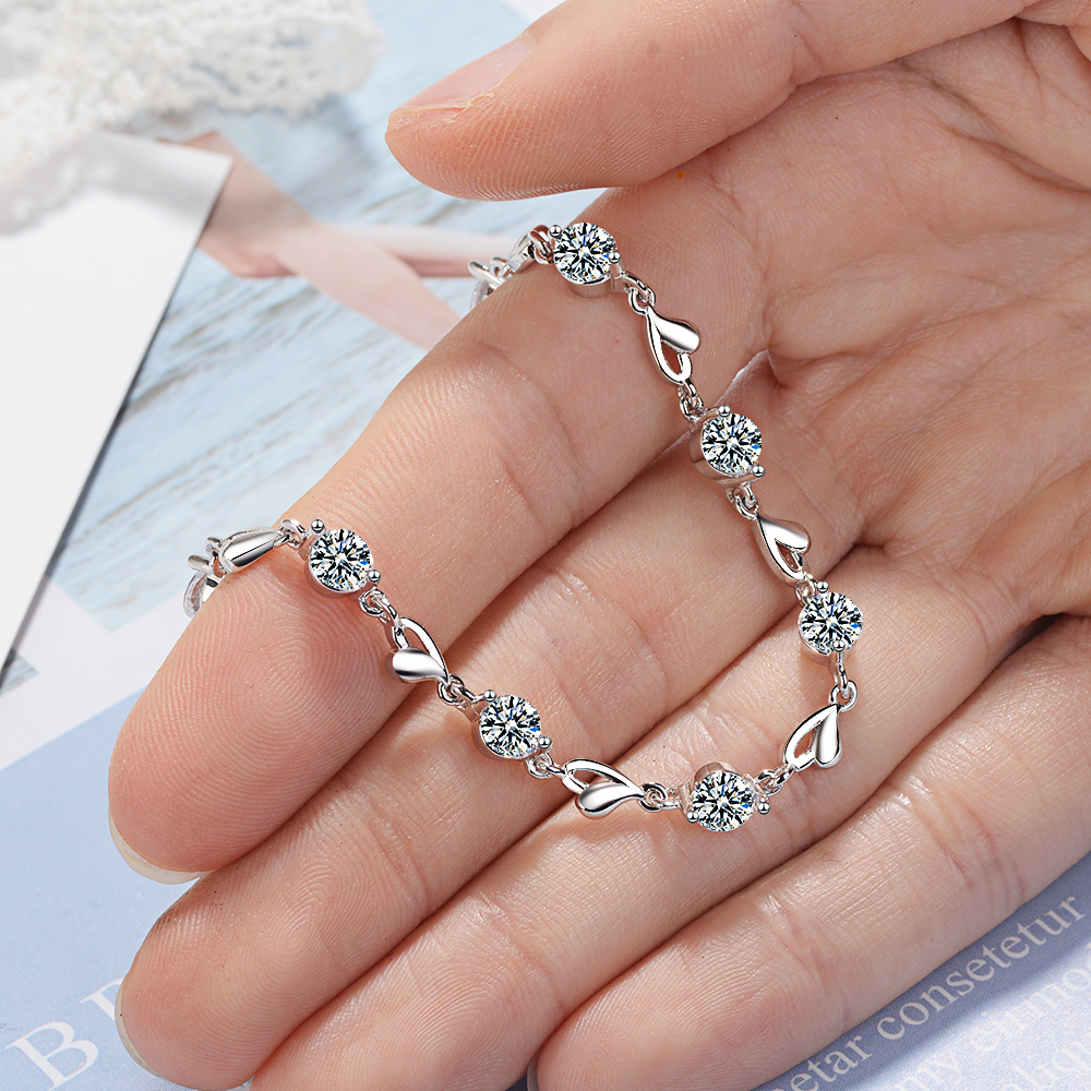 Sterling Silver Zircon Lovers Heart Shaped Bracelets Crystals For Women Valentines Gift Wedding Party Noble Jewelry