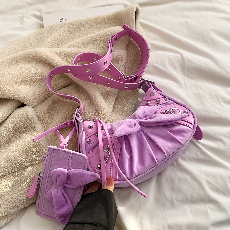 Pink Girl Rivet Chain Bow Splice Handbag