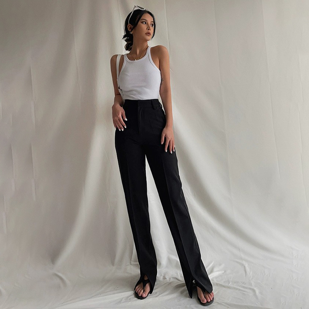 Casual Straight Cylinder Tight High Waist Split Pants Trousers