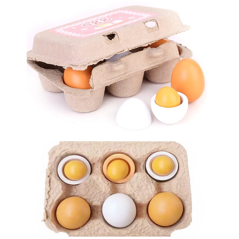 6pcs Simulation Wooden Eggs Toys Set Kids Pretend Play Wood Food Eggs Yolk Kitchen Food Children Kid Education Montessori Toys