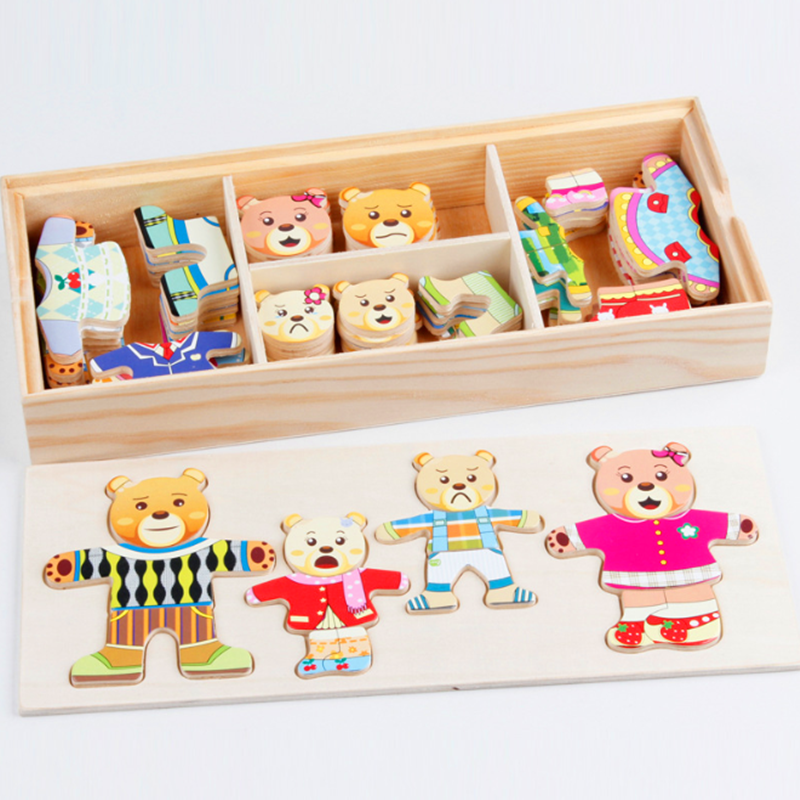 72pcs Cartoon Rabbit Bear Dress Changing Jigsaw Puzzle Wooden Toy Montessori Educational Change Clothes Toys For Children