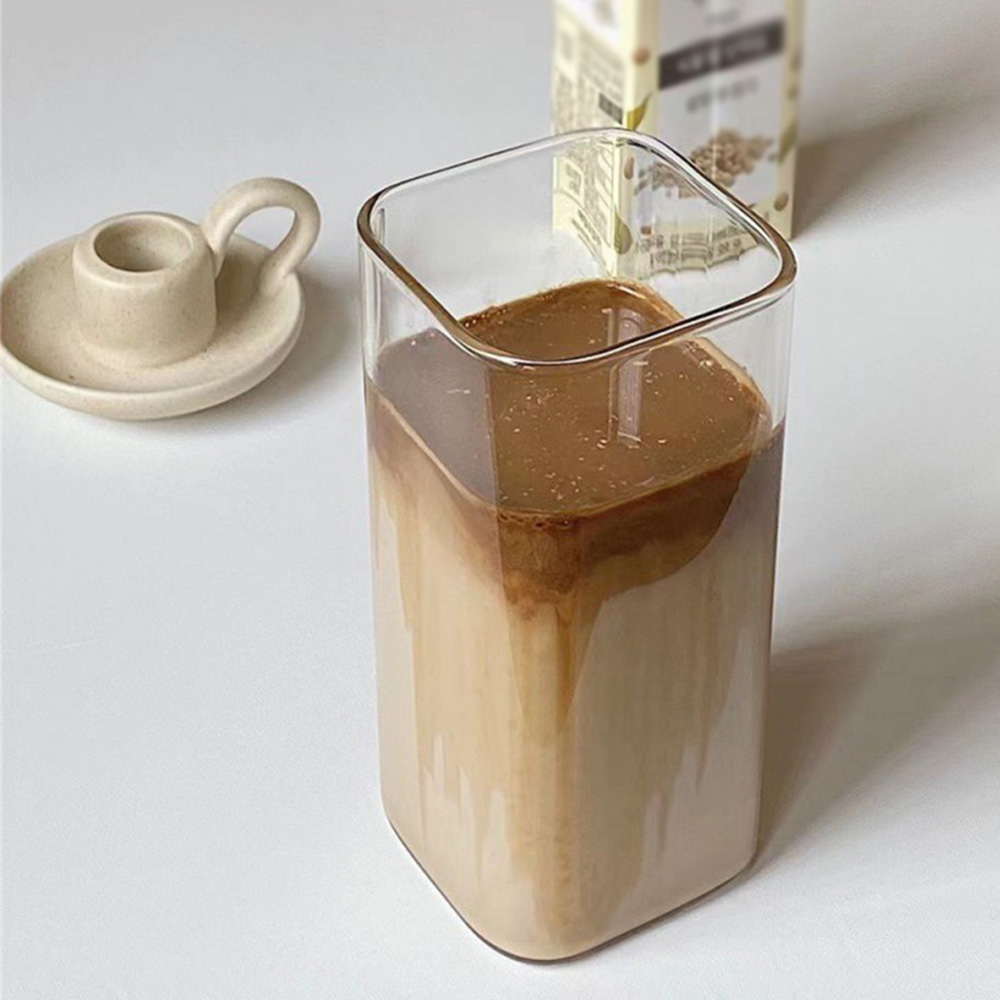 Square Heat Resistant Transparent Coffee Glass Mug Milk Tea Juice Glass  Water Cup With Lid And Straw on Luulla
