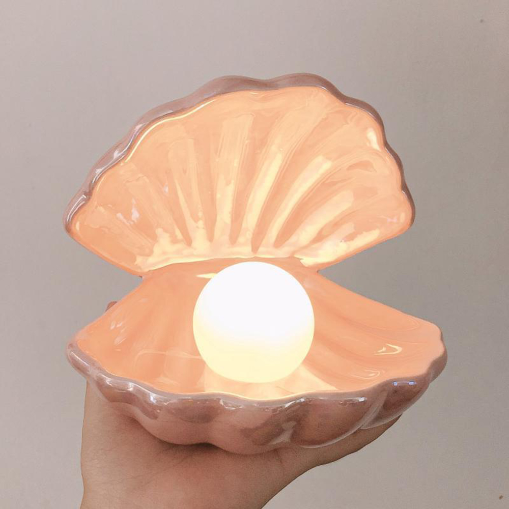 Girl Series Ceramic Shell Pearl Night Light Streamer Mermaid Fairy Shell Night Lamp Bedside Home Decoration Xmas Gift