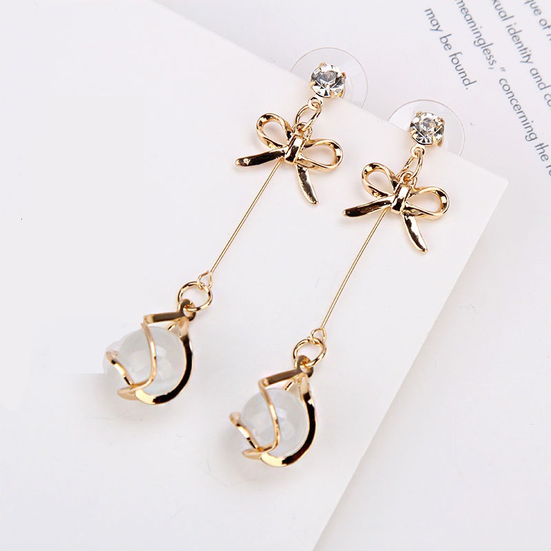 European And American Fashion Women Delicate Personality Temperament Long French Opal Bow Earrings