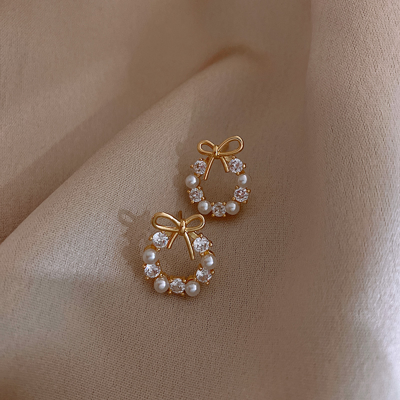 European And American Pearl Bowknot Zircon Earrings Fashion Light Luxury Temperament Simple Personality Women Earrings