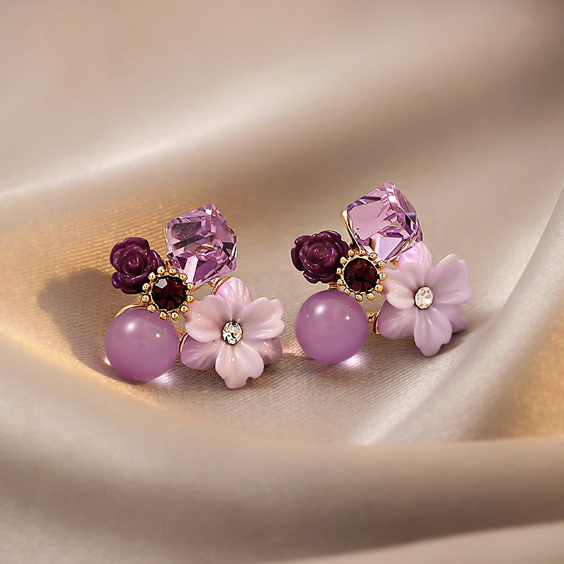 Korean Fashion Purple Crystal Flower Earrings For Women With Gentle Temperament Wedding Party Anniversary Gift Jewelry