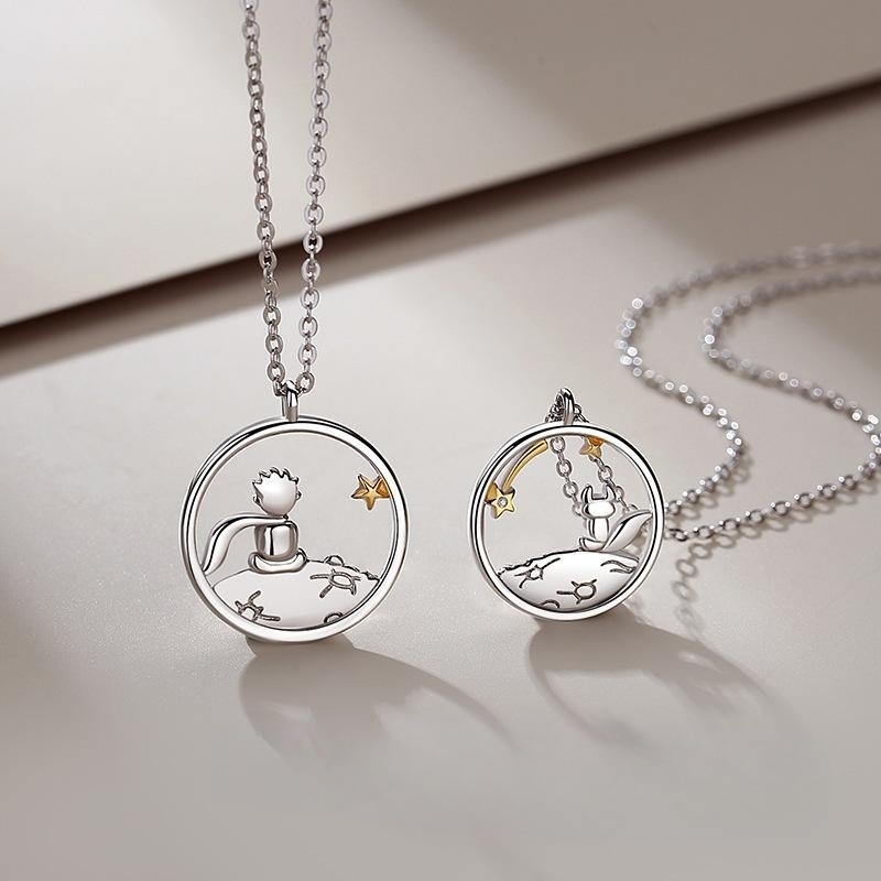 European And American Fashion Little Prince And Little Fox Lover Necklace Cartoon Hollow Out Circular Pendant Collar Chain