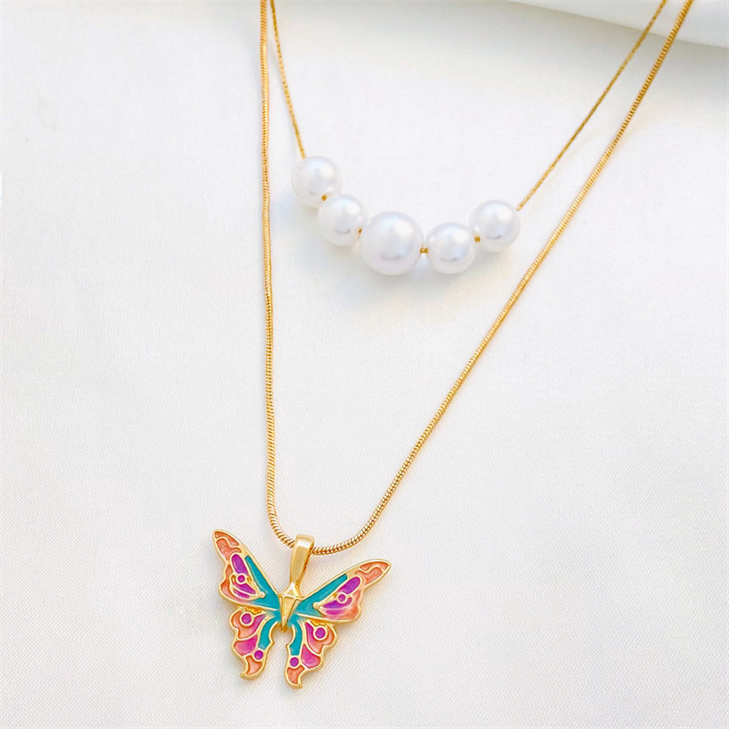 Fashion Barbie Princess Same Style Girl Butterfly Necklace Pearl Double Chain Necklace Jewelry Valentine's Day Souvenir Gift