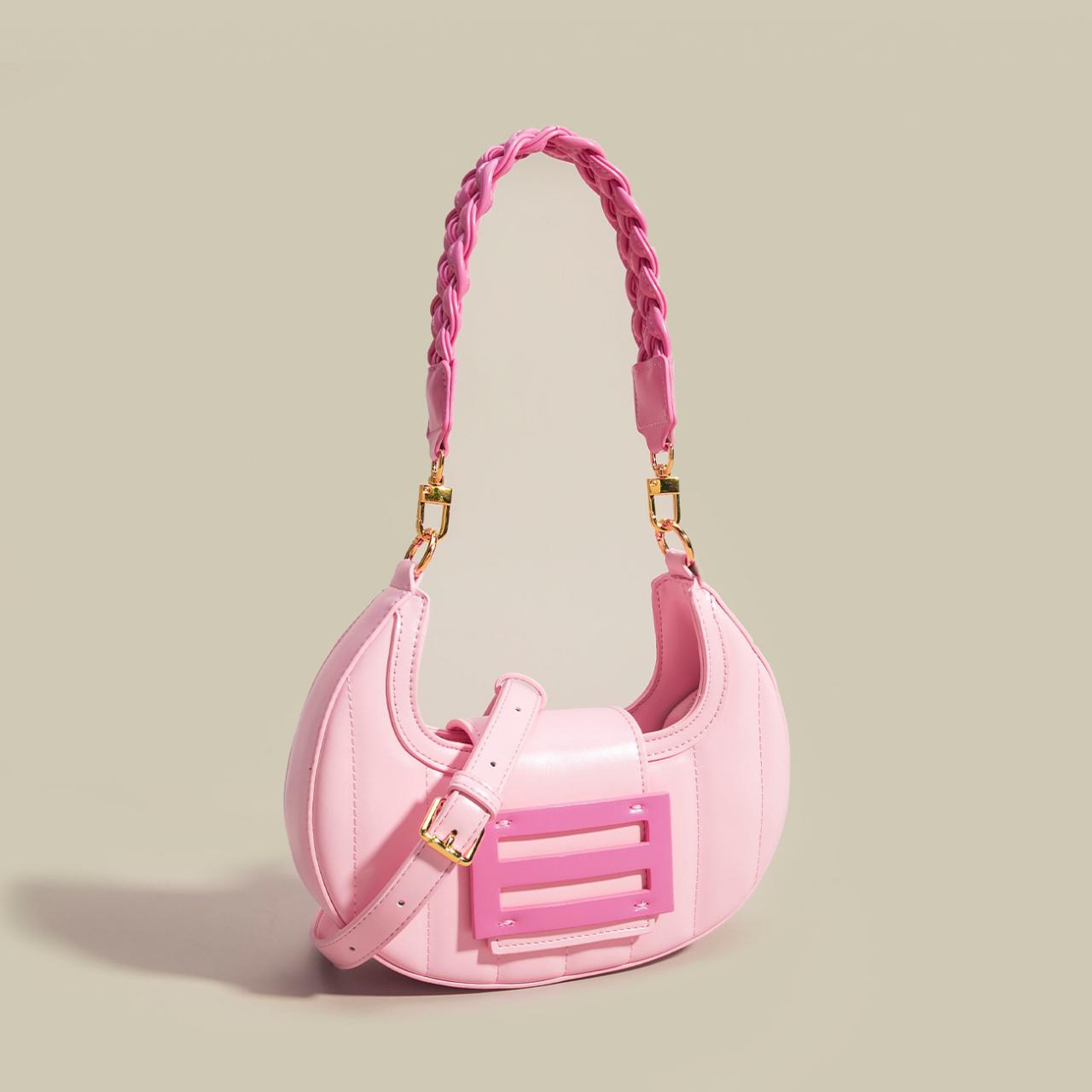 Niche Design Stylish Pink Crescent Bag Premium Texture Underarm Bag Handwoven Element Summer Individual Shoulder Bag