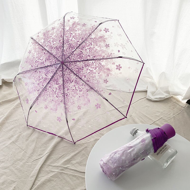 Korean Umbrella Folding Cute Korean Mini Fresh Simple Sen Series Trifold Japanese Cherry Blossom Transparent Umbrella