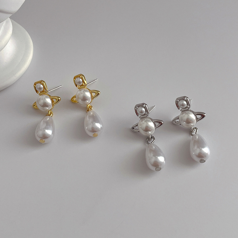 Korean Design Sense French Water Drop Saturn Pearl Earrings Fashion Personality Temperament Simple Everything Matching Studs