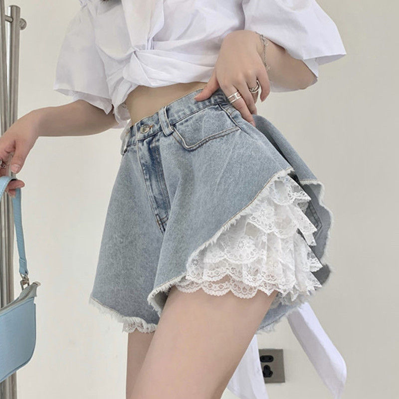 Women's Jeans Shorts Loose Wide Leg Pants Fashion 2 Set Lace Design Jeans Woman Shorts Summer Short Pants Korean Fashion