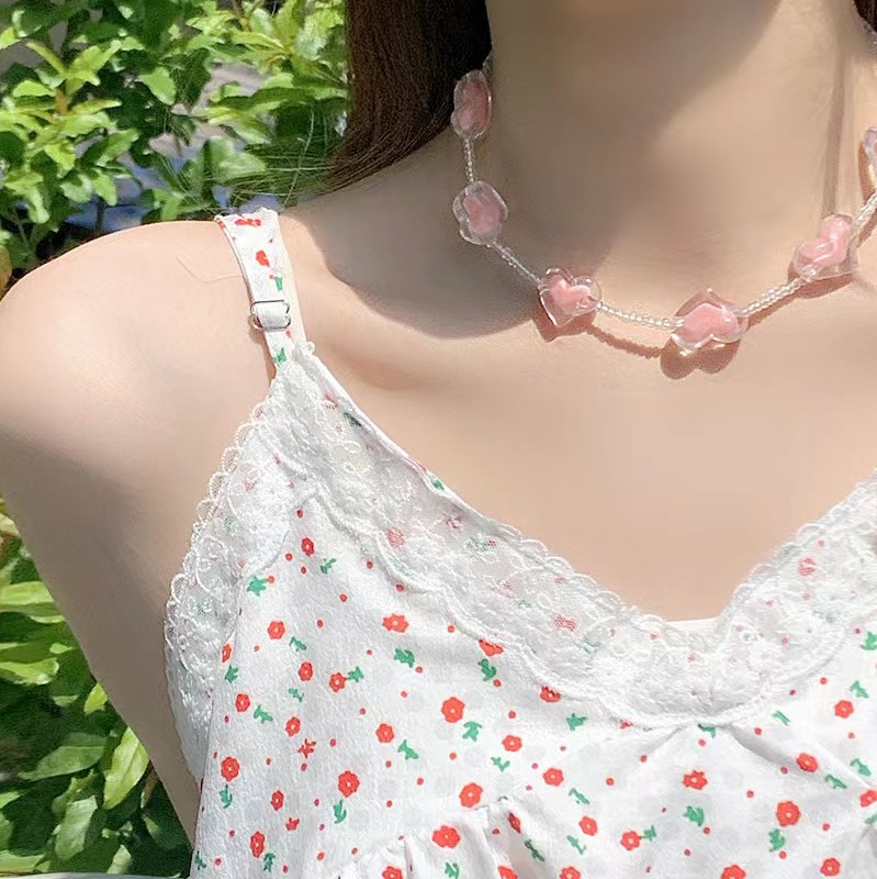 Sweet Cute Pink Heart Beaded Necklace For Women Girly Korean Fashion Summer Beads Choker Neck Chain Y2k Jewelry Accessories