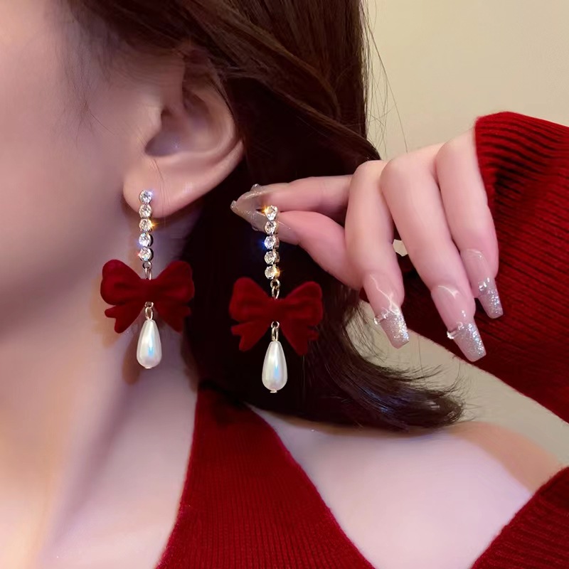Fashion Velvet Wine Red Bowknot Earrings For Women Long Zircon Pearl Earring Wedding Party Jewelry Gift