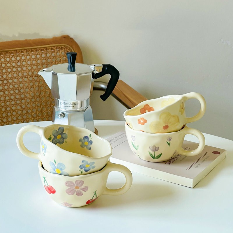 Ceramic Mugs Coffee Cups Hand Pinched Irregular Flower Milk Tea Cup Ins Korean Style Oatmeal Breakfast Mug Drinkware Kitchen