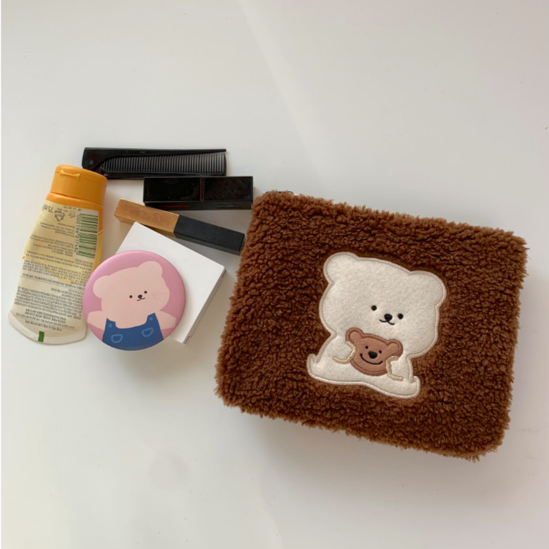 Women's Cosmetic Bags Korean Ins Brown Bear Plush Makeup Case Warm Winter Students Girls' Washing Skincare Cosmetic