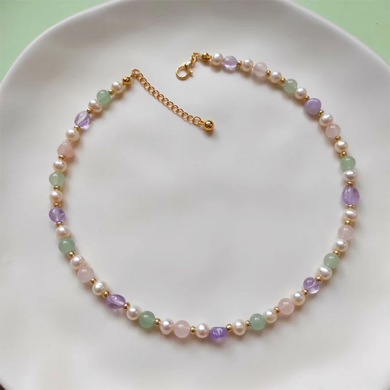 Gemstone Necklace Pearl Dainty Beaded Choker Amethyst Pink Quartz Gift For Women