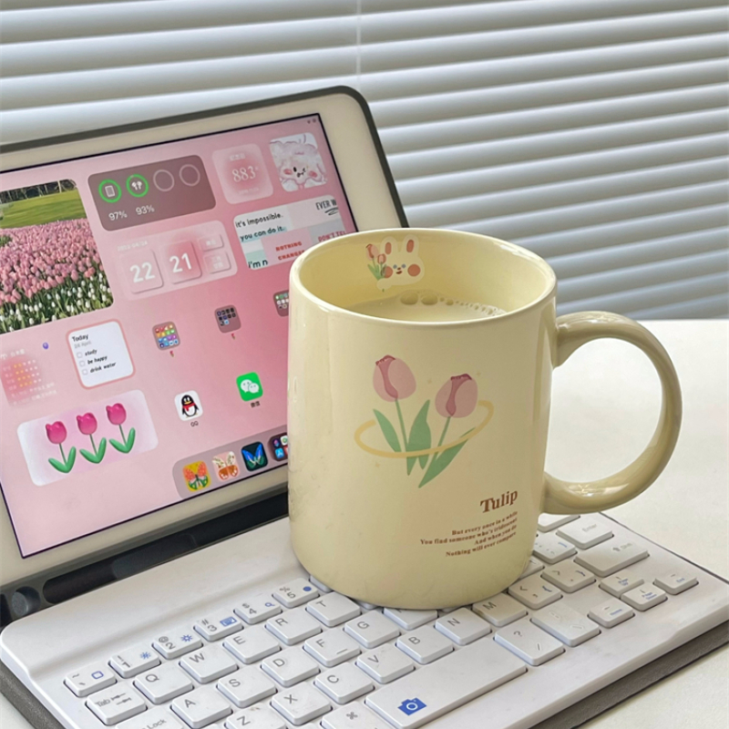 Korean Ceramic Coffee Cup Rabbit Tulip Cup, Cute Mug Ceramic Cup High Temperature Resistant Coffee Cup Cartoon Mug 300ml