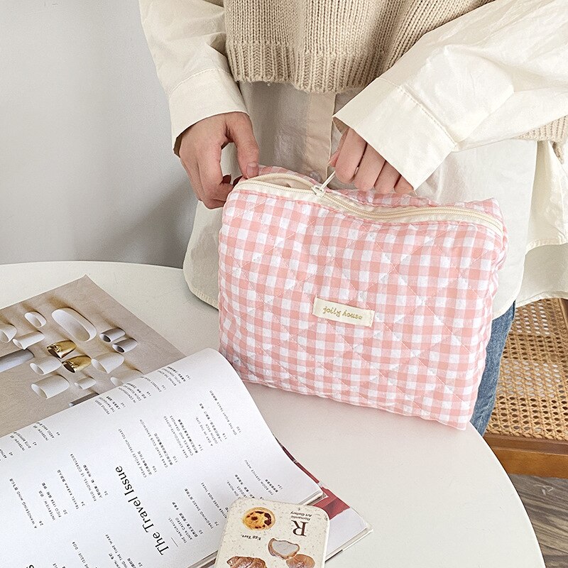 Casual Women's Cosmetic Pouch Large Capacity Travel Storage Bags Simple Plaid Ladies Clutch Handbags Pink Canvas Female Bag