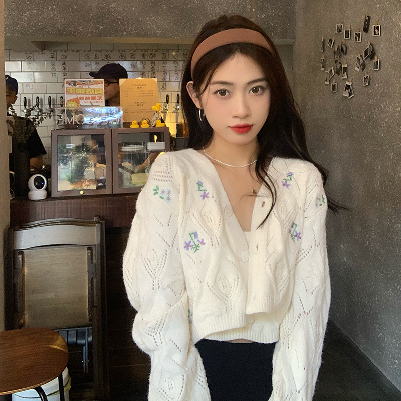 Korean Fashion Knitted Cardigan 2 Piece Set Women Sweet Floral Embroidery Sweater Hollow Vintage Kawaii Crop Top Clothes