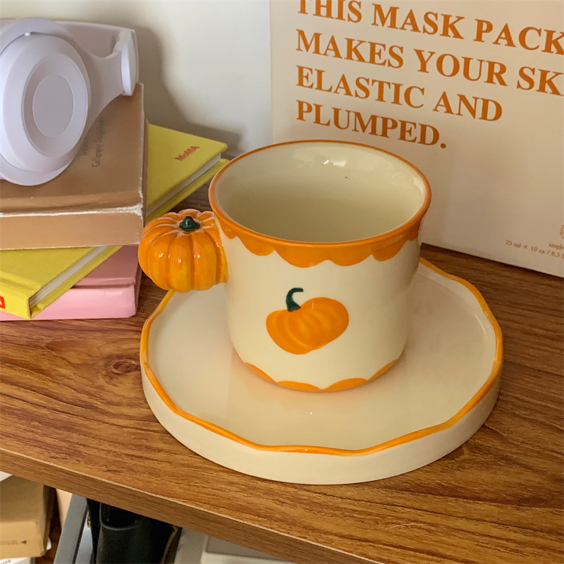 300ml Korean Style Cute Pumpkin Coffee Cup Heat Resistant Ceramic Cup Dish Pumpkin Handle Thanksgiving Party Supplies