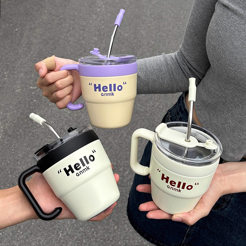 Cute Korean Coffee Thermal Cup Thermos Mug Stainless Steel Cup With Straw Lid For Cold Drinks Water Tea Milk Portable Bottle