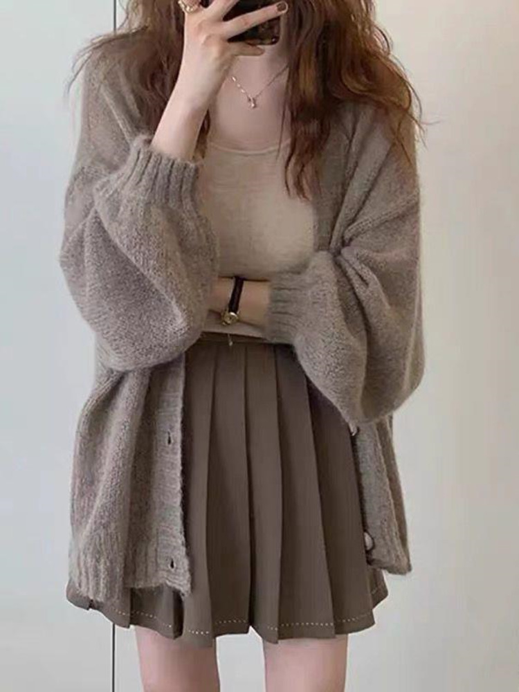 Elegant Knitted Cardigan Women Casual V-neck Soft Long Sleeve Korean Sweet Knitted Sweater Office Lady Coat Cardigans