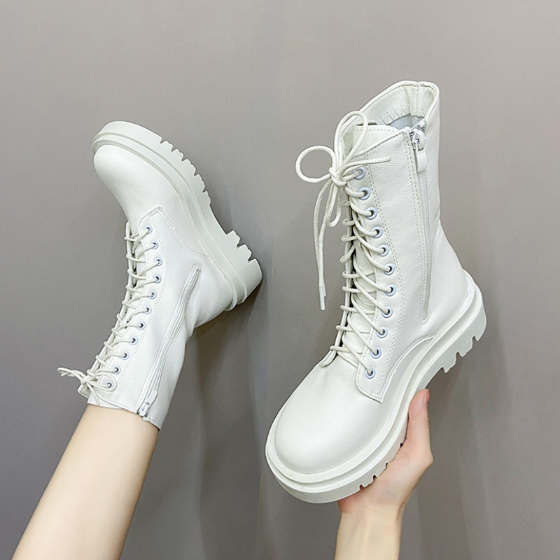 Platform Motorcycle Boots Women Autumn Winter White Black Pu Leather Ankle Boots Woman Round Toe Lace Up Non-slip Short Booties