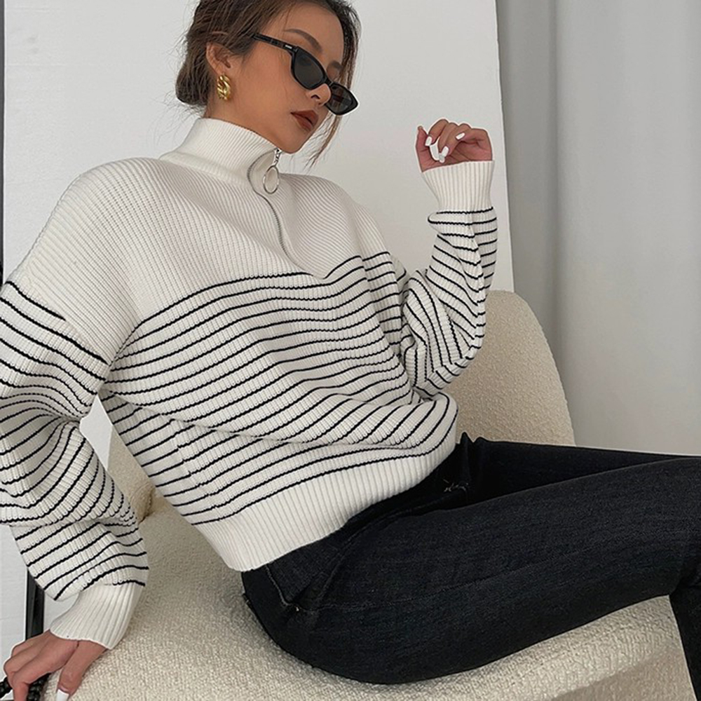 Cool Stripe Stand Collar Zipper Long Sleeve Knit Top Sweater Pullover