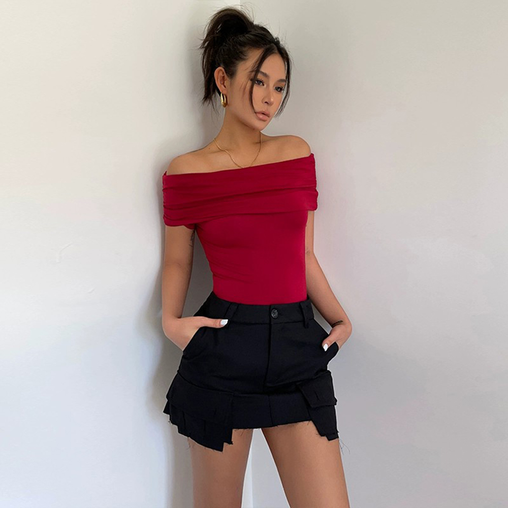 Sexy Off Shoulder Ruffle Short Sleeve Tight Tops