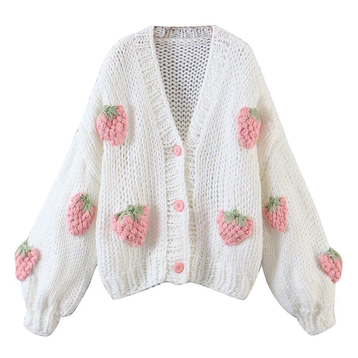 Autumn Winter Women's Hand-crocheted Strawberry Knitted Cardigan Loose Sweater Coat