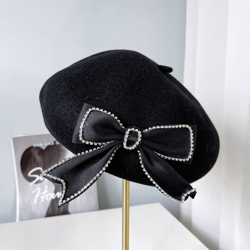 Elegant Painter Hat Ribbon For Rhinestone Bow Beret Show Face Small Octagonal Hat Wild For Winter Daily Wear Morning Wor