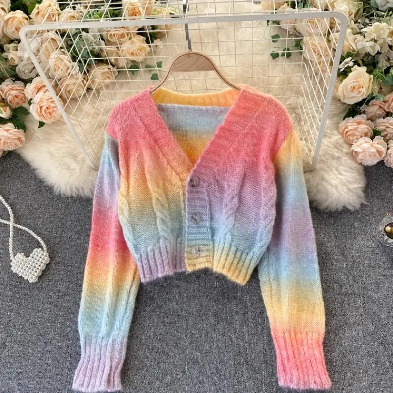 Korean Fashion Rainbow Striped Knitted Cardigan Sweater Women Loose Long-sleeve V-neck Tie-dye Tops Ladies