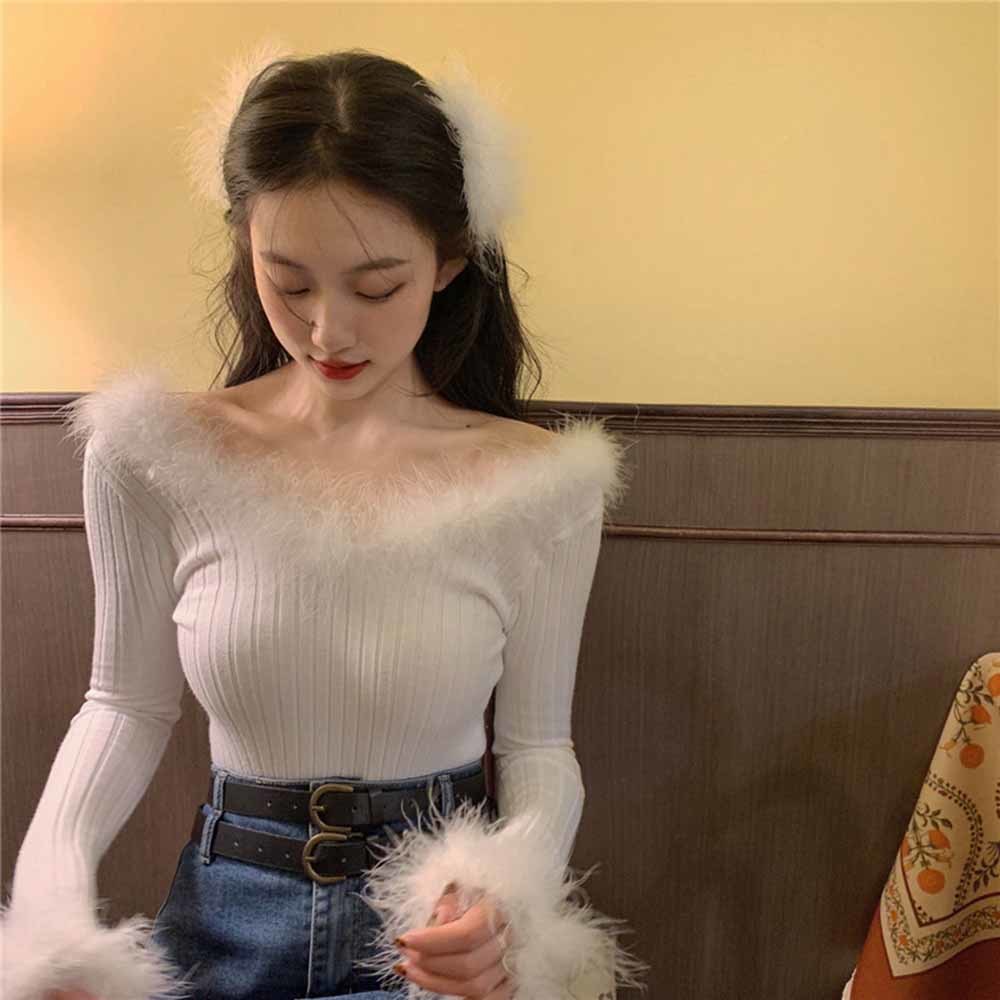 Sexy Korean Chic White Slash Neck Knitted Top Slim Gentle Elegant Temperament Black Pullovers Sweaters&jumpers Fashion Pull