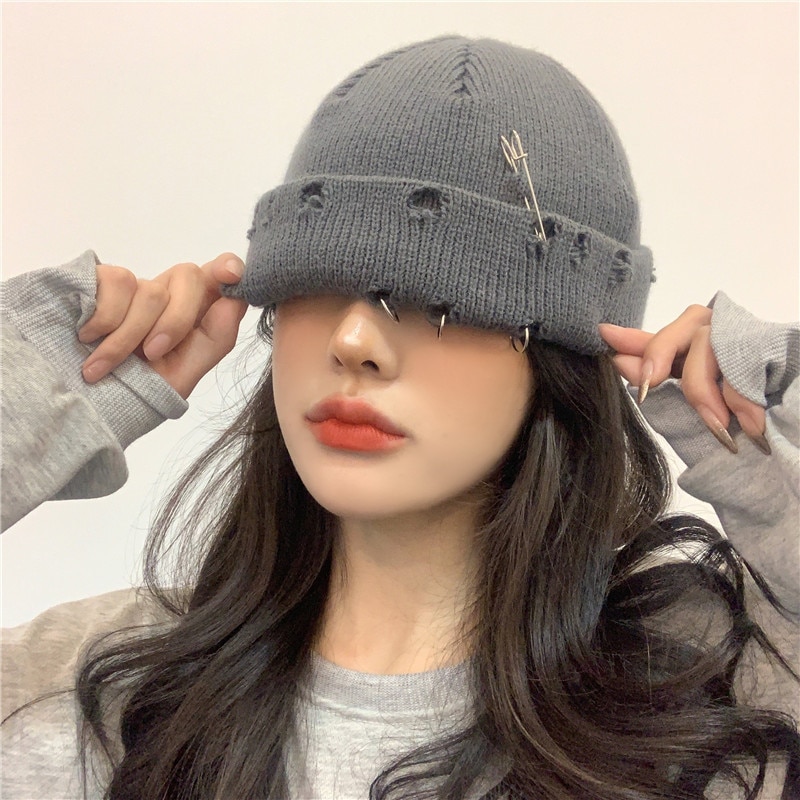Winter Harajuku Y2k Knitted Hat Women Fashion Warm Thick Men Hip Hop Pin Hole Skullcap Short Hat Unisex Basic Cap