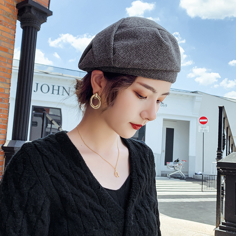 Women Wool Beret For Elegant Lady Winter Female Cotton Hats Plaid Vintage Octagonal Casual Boina Autumn Girl Cap