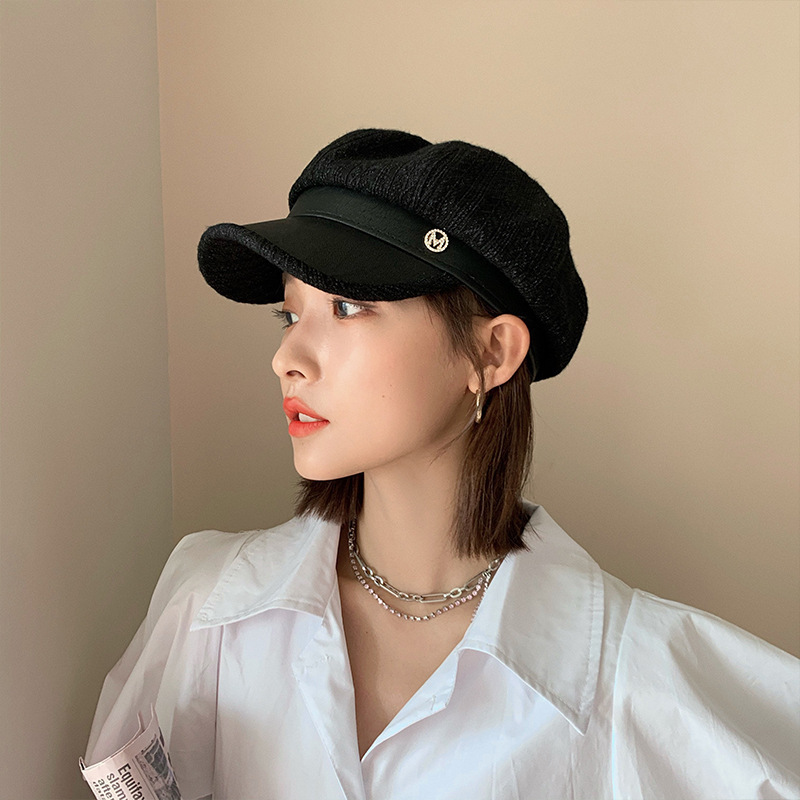 Hat Female Leather Beret Autumn And Winter Tide British Retro Letter Striped Octagonal Newsboy Painter Hat