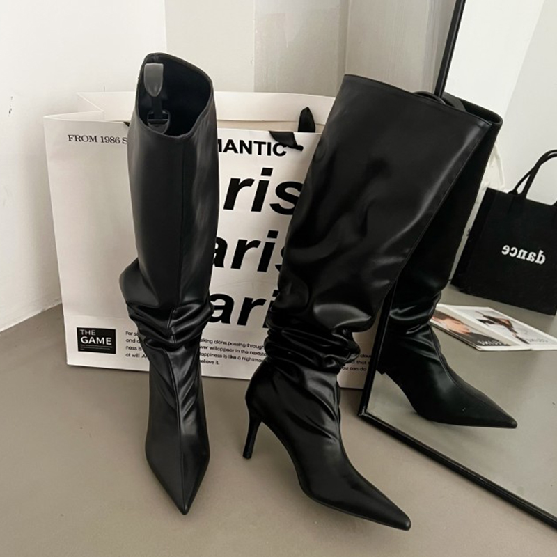 Black Women Over The Knee Boots Footwear Fashion Pointed Toe Slip On Shoes Pleated Thin Heels Ladies Western Long Boots