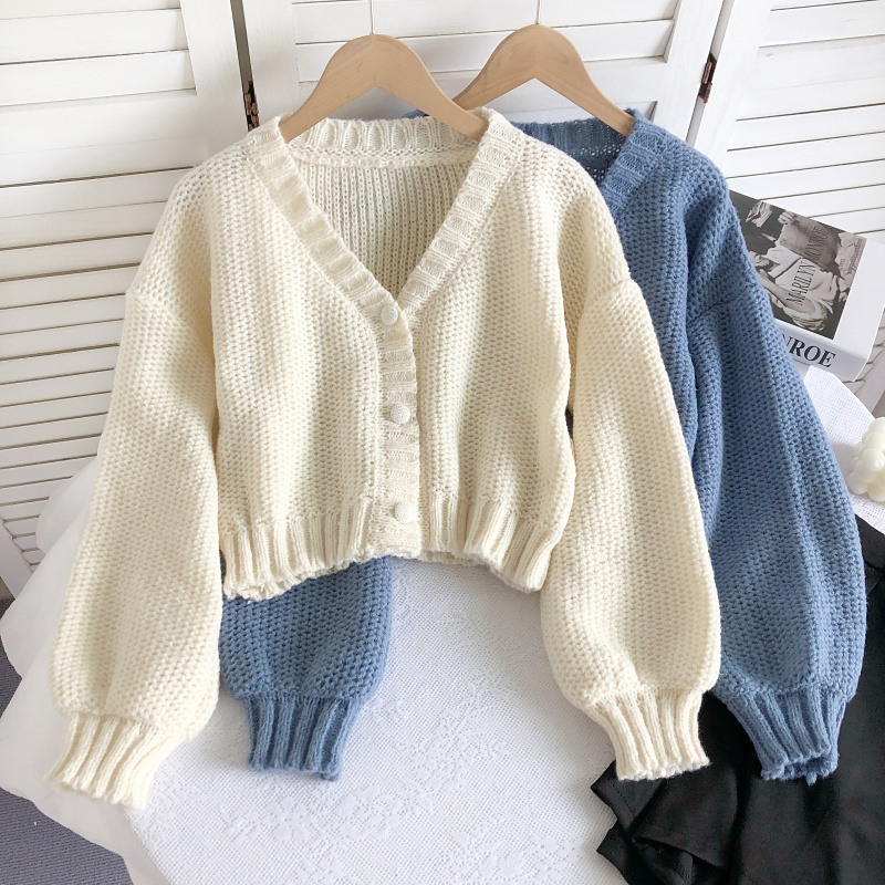 Retro Lazy V-neck Long-sleeved Knitted Cardigan Autumn Winter Breasted Sweater Jacket Solid Color Short Sweater Women Cardigans