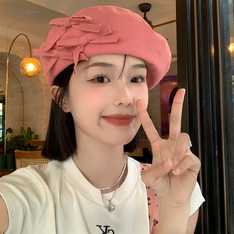 Spring Summer Korean Women Pink Bow Beret Cap Cotton Soft Painter Hat Japanese Big Head Circumference Hat Tide