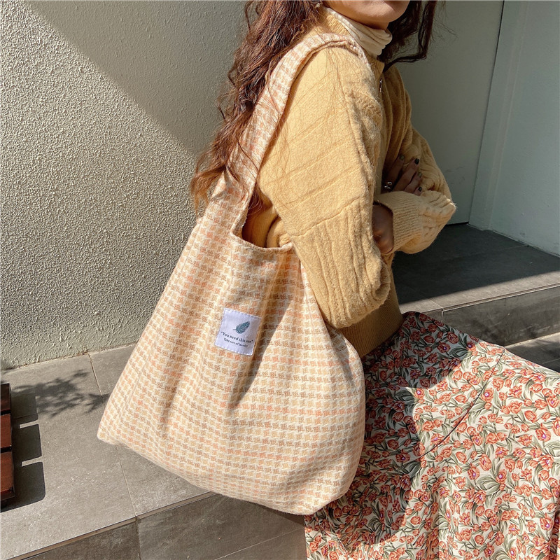 Cute Women Woolen Shoulder Bag Simple Canvas Handbag Tote Books Bags Soft Cloth Fabric Large Capacity Shopping Bag For Ladies