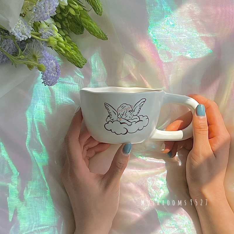 Large Capacity Cute Long Handle Hand Pinched Cloud Cherubs Flower Mug Irregular Afternoon Tea Girlfriend Mug Birthday Gift