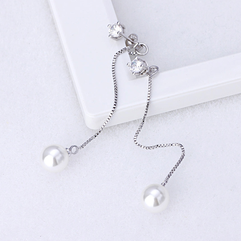 S925 Silver Earring Cz Box Chain Tassel & Pearl Drop Earring For Women Wedding Gift Lady Girl Fashion Jewelry