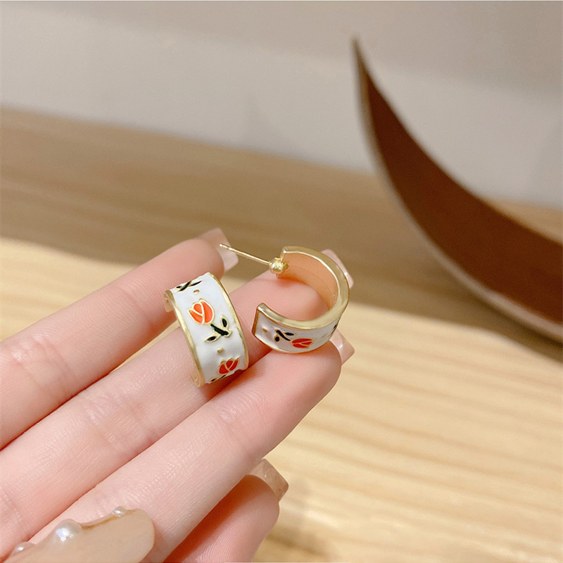Enamel Tulip Rose Flower Stud Earrings Female Retro Glaze Earrings C-shaped Circle Korean Style Earrings Jewelry Accessories