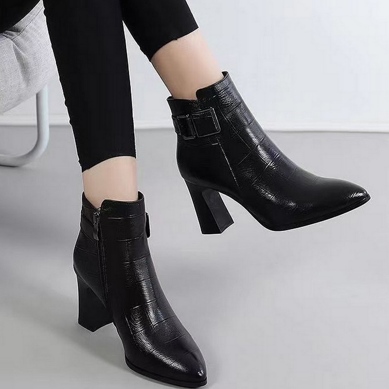 Women Soft Leather Ankle Boots,short Botas,autumn/winter Shoes,pointed Toe,block High Heels